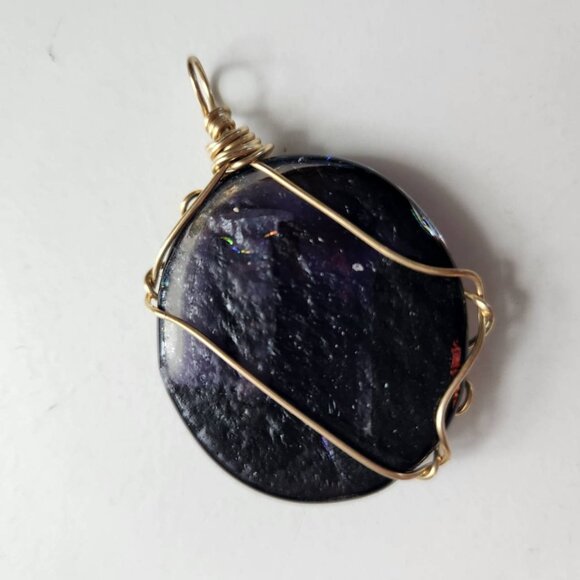 Handmade Wire Wrapped Dichroic Glass Pendant, Blue / Gold - Picture 4 of 5